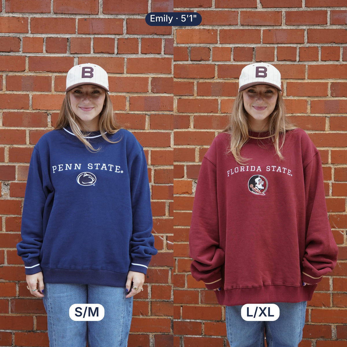 Clemson Gameday Mockneck fit photo | Emily is 5'1" wearing S/M (left) and L/XL (right)