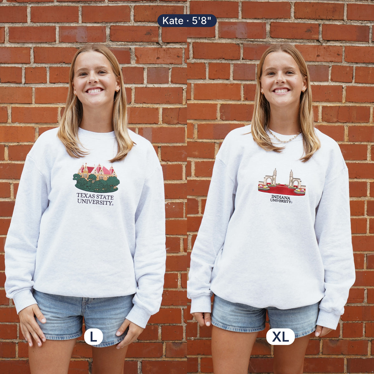 VCU Crewneck fit photo | Kate is 5'8" wearing L (left) and XL (right)