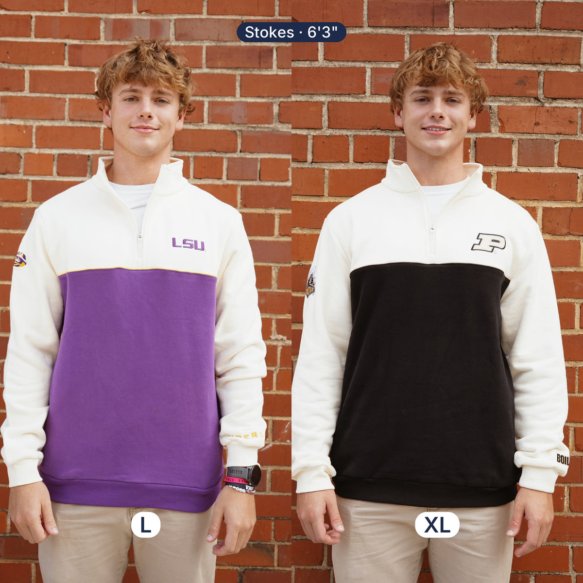 Indiana Quarter Zip fit photo | Stokes is 6'3" wearing L (left) and XL (right)